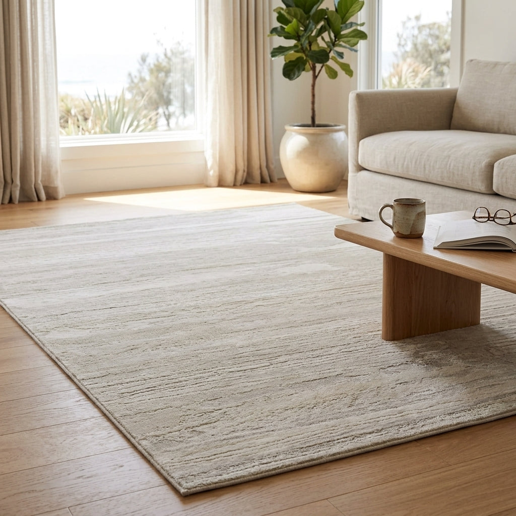 Living room with a beige rug, wooden coffee table, and a couch.