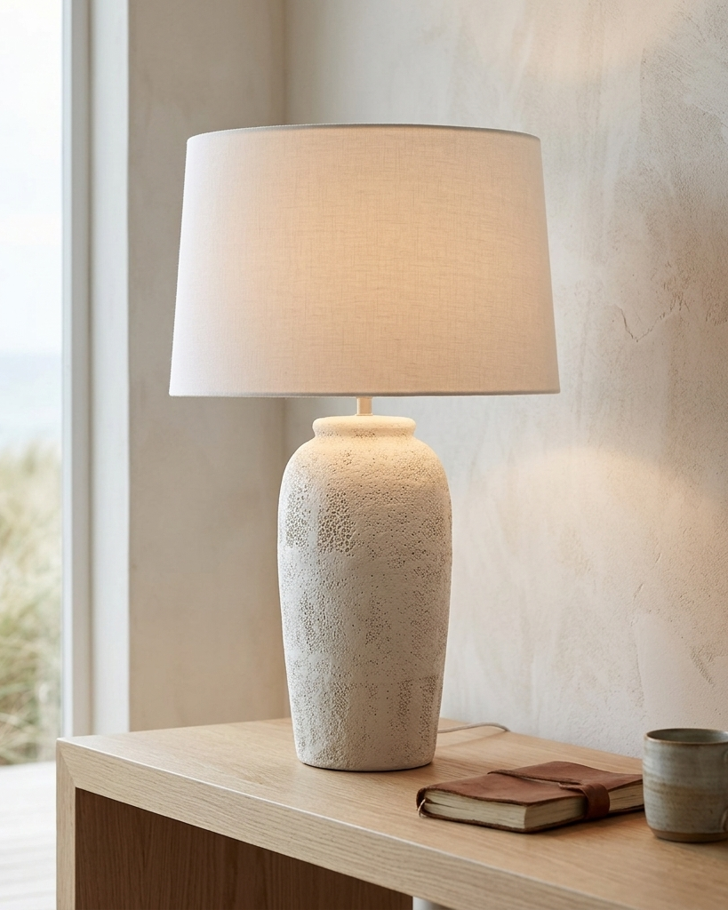 A table lamp with a textured cream ceramic base and a matching fabric drum shade, lit warmly and placed on a light wood console table beside a book and a mug in a softly styled interior near a window.