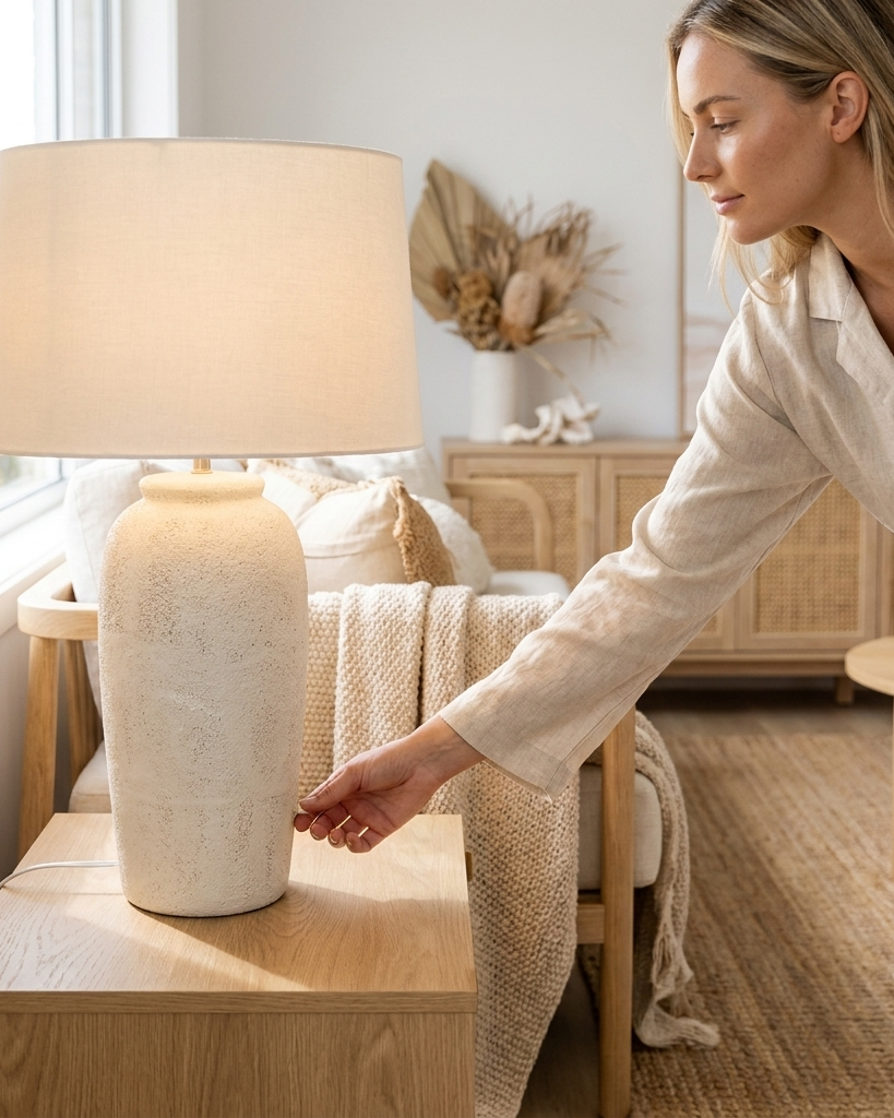 A woman in a beige linen pajama set reaches toward a textured cream ceramic table lamp on a light wood nightstand in a bright, modern bedroom.
