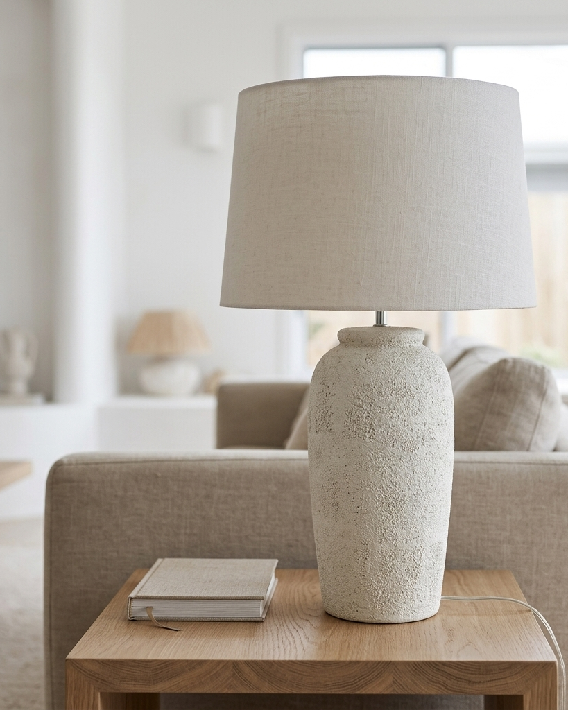 A table lamp with a textured cream ceramic base and a matching beige linen drum shade, styled on a light wood side table in a bright, modern living room.
