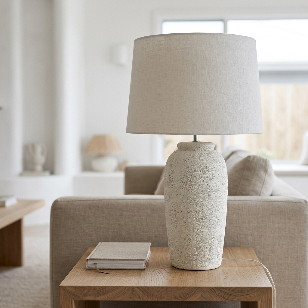 A table lamp with a textured cream ceramic base and a matching beige linen drum shade, styled on a light wood side table in a bright, modern living room.