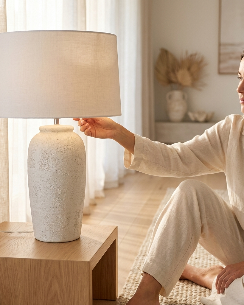 A woman in beige pajamas sits on a woven rug beside a wooden side table, reaching toward a table lamp with a textured off-white ceramic base and a large drum shade in a softly lit room.
