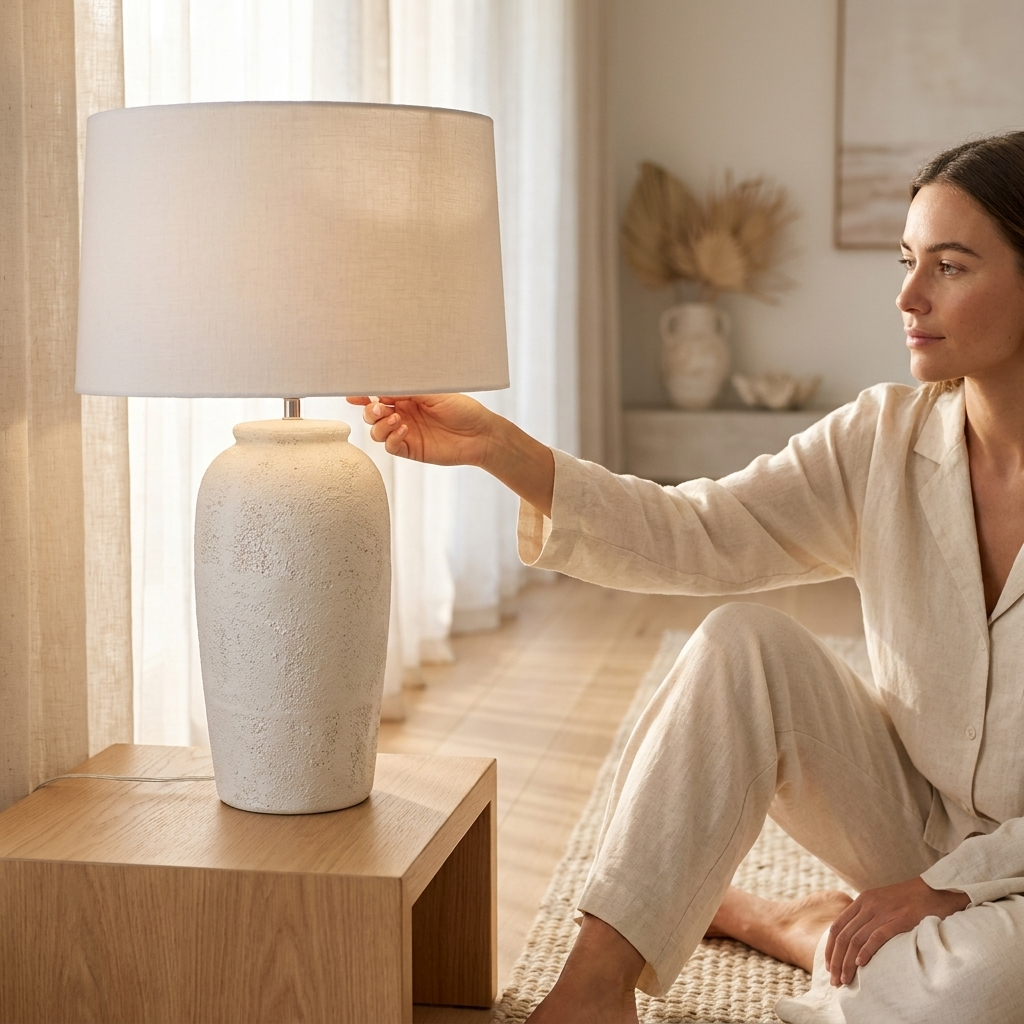 A woman in beige pajamas sits on a woven rug beside a wooden side table, reaching toward a table lamp with a textured off-white ceramic base and a large drum shade in a softly lit room.