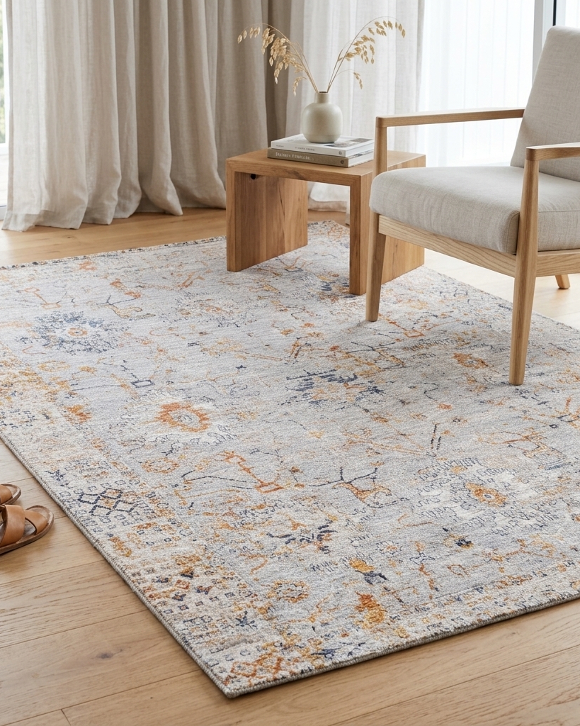 A rectangular area rug with a distressed, vintage-style floral pattern in muted blue, orange, and beige tones, styled on a light wood floor in a bright living room next to a wooden armchair and side table.