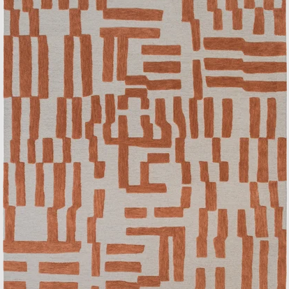 An area rug with a modern geometric pattern of terracotta-colored vertical and horizontal rectangular blocks on a light beige textured background. A red 'Save' badge is visible in the top-left corner.