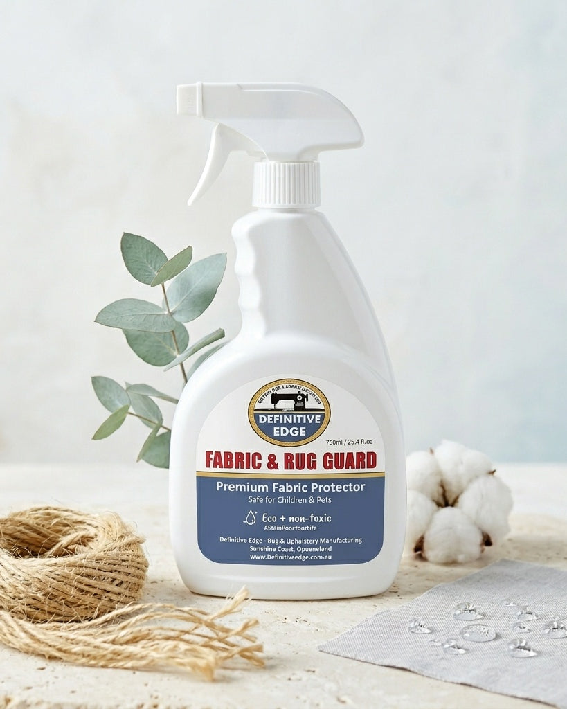 Spray bottle of Definitive Edge Fabric & Rug Guard on a neutral background with decorative elements.