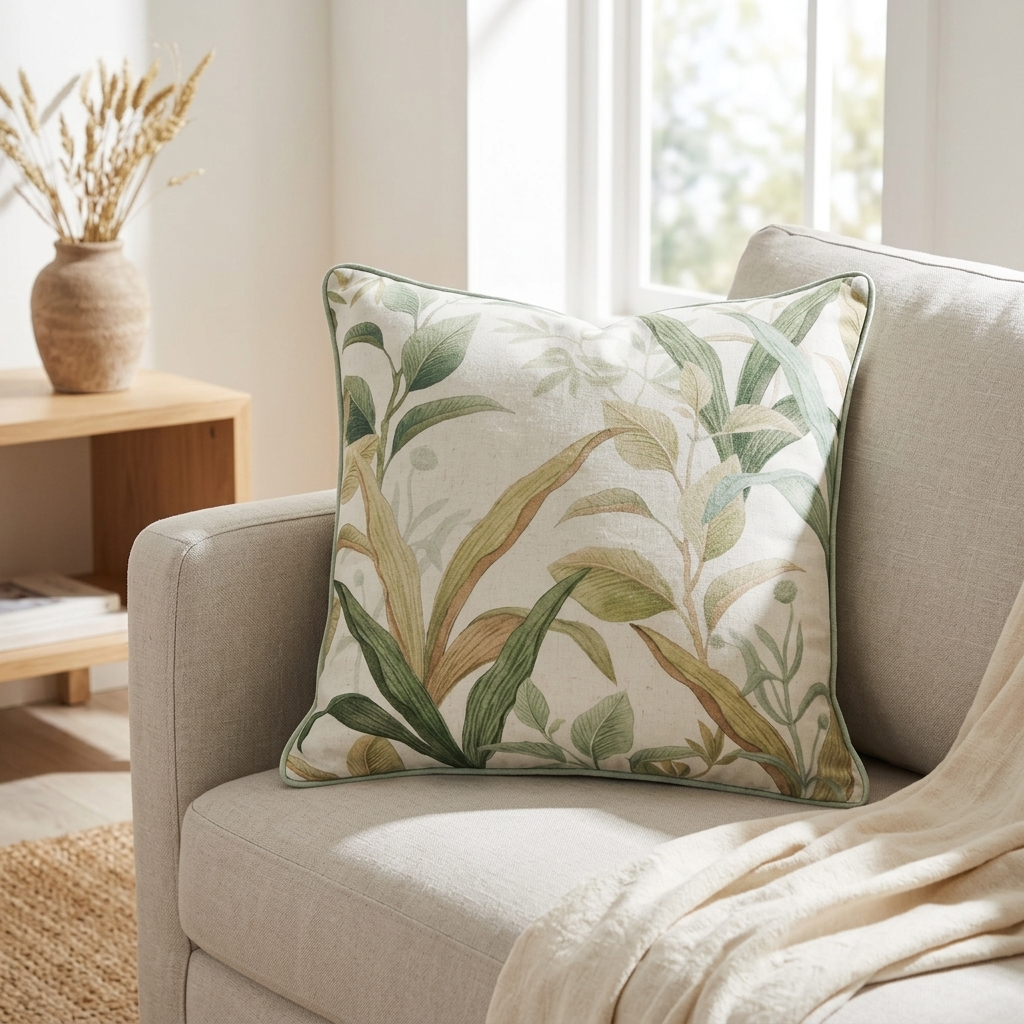 A square decorative throw pillow with a botanical leaf pattern in green, beige, and cream, styled on a light gray sofa in a bright, modern living room.