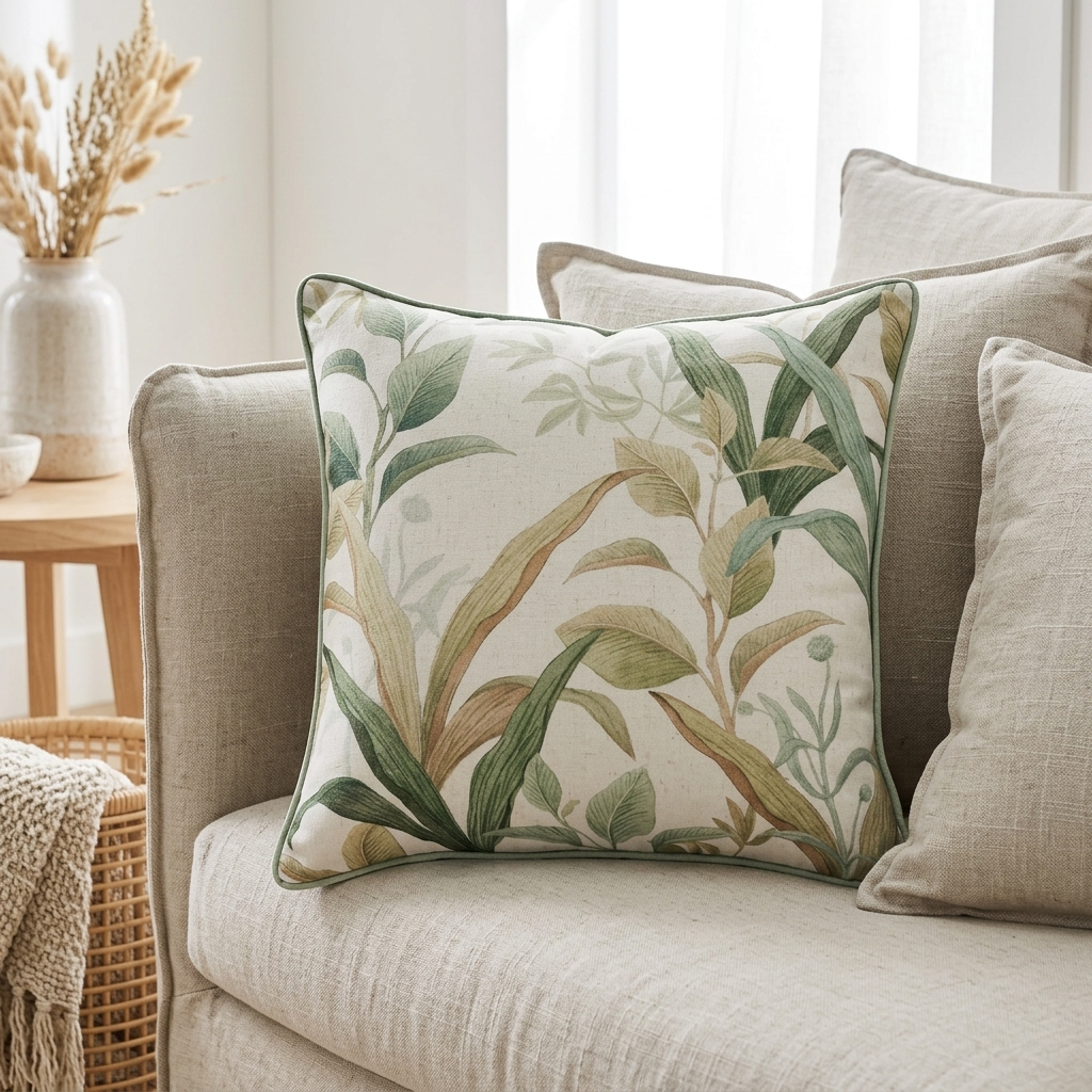 A square decorative throw pillow with a botanical leaf pattern in muted green, beige, and brown tones on a cream background, styled on a beige linen sofa in a bright living room setting.