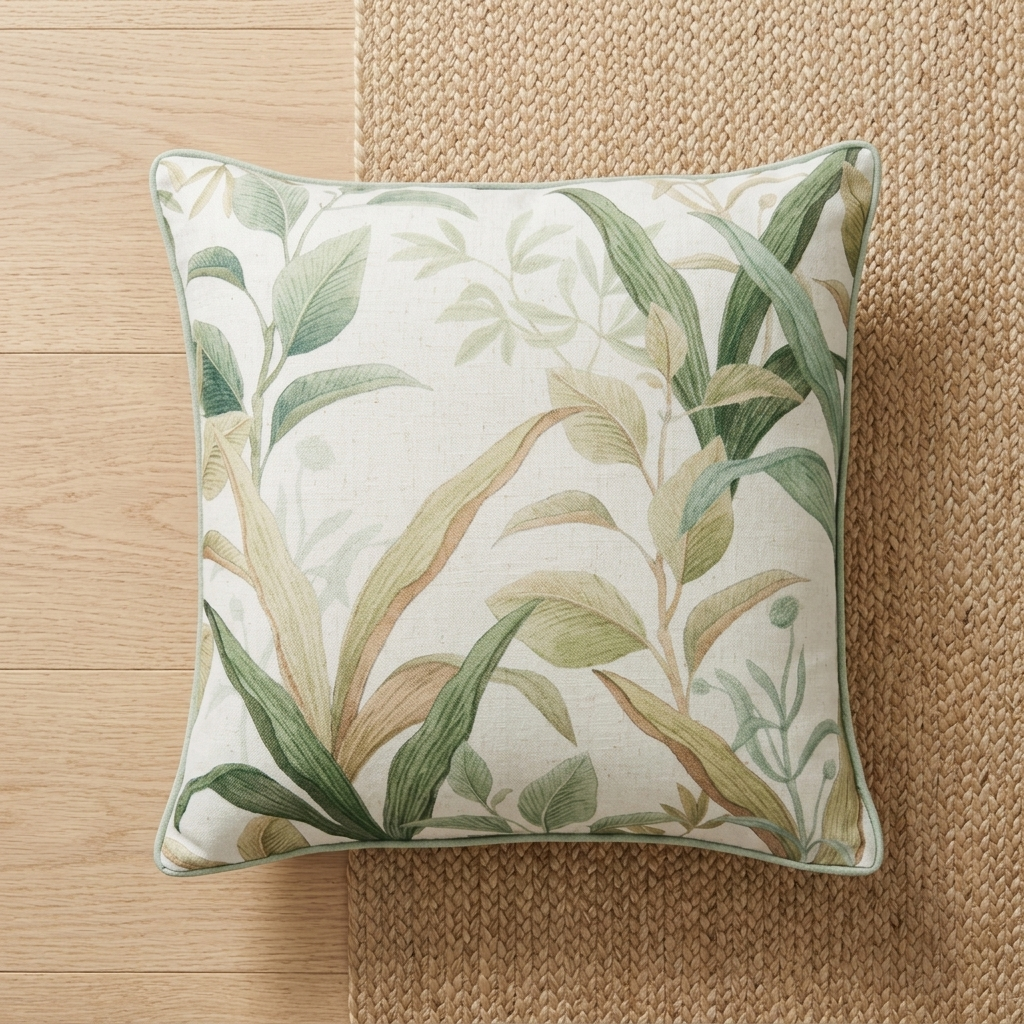 A square decorative throw pillow with a botanical leaf pattern in shades of green and beige on an off-white background, styled on a woven jute rug over a light wood floor.