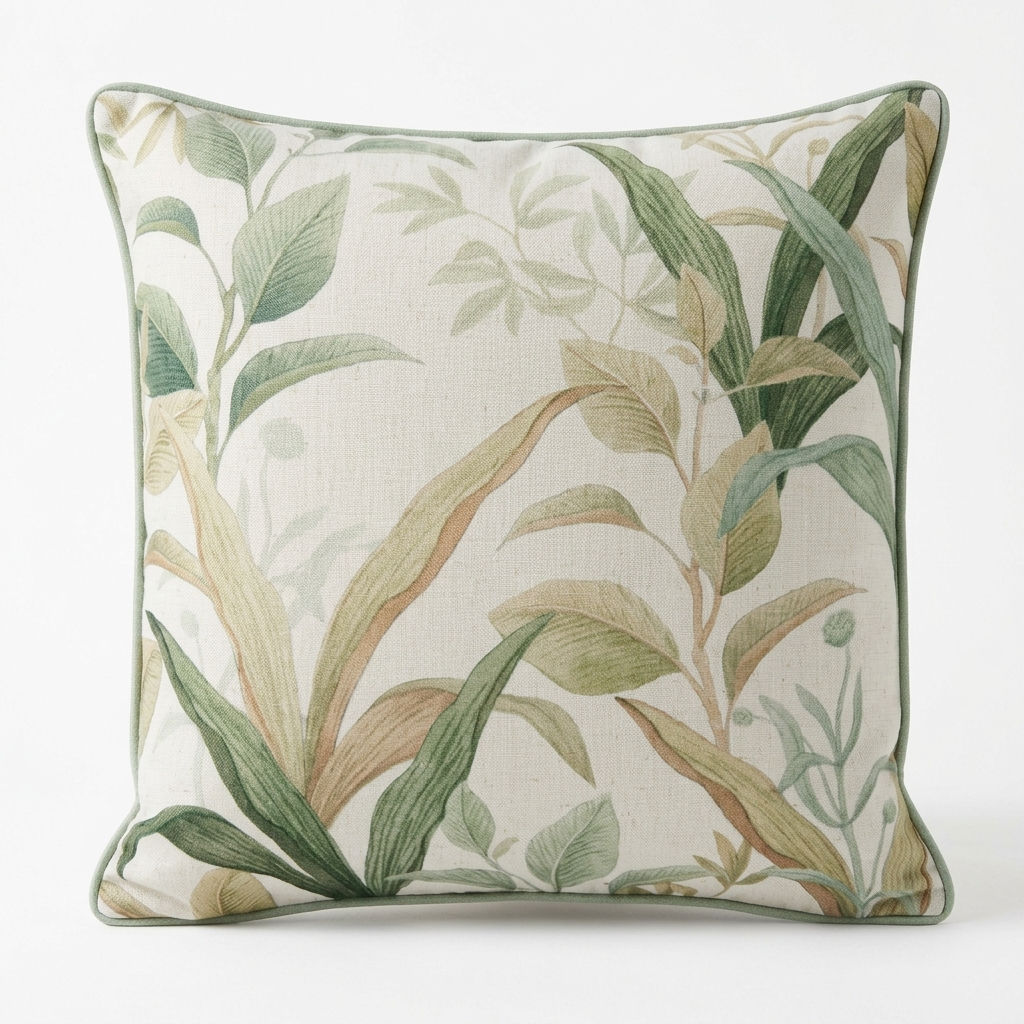 A square decorative throw pillow with a botanical leaf pattern in shades of green, beige, and brown on a cream background, featuring a matching green piped edge.