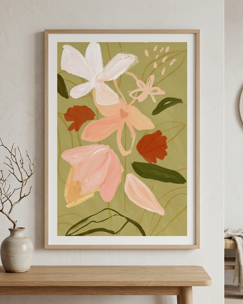 A framed botanical art print featuring stylized flowers in soft pink, peach, white, and rust orange tones on an olive green background, displayed on a light wood console table against a textured off-white wall.