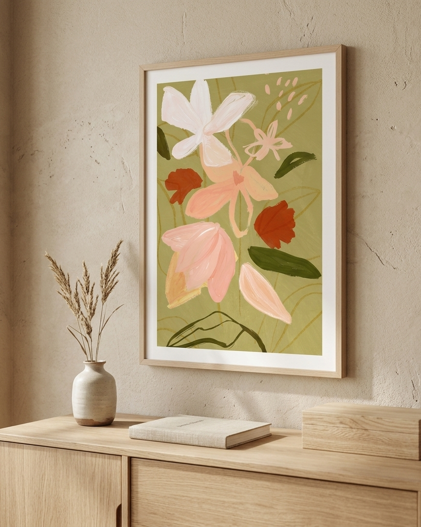 A framed botanical art print featuring pink, white, and rust-red flowers on an olive green background, hanging on a textured beige wall above a light wood console table with a vase and books.