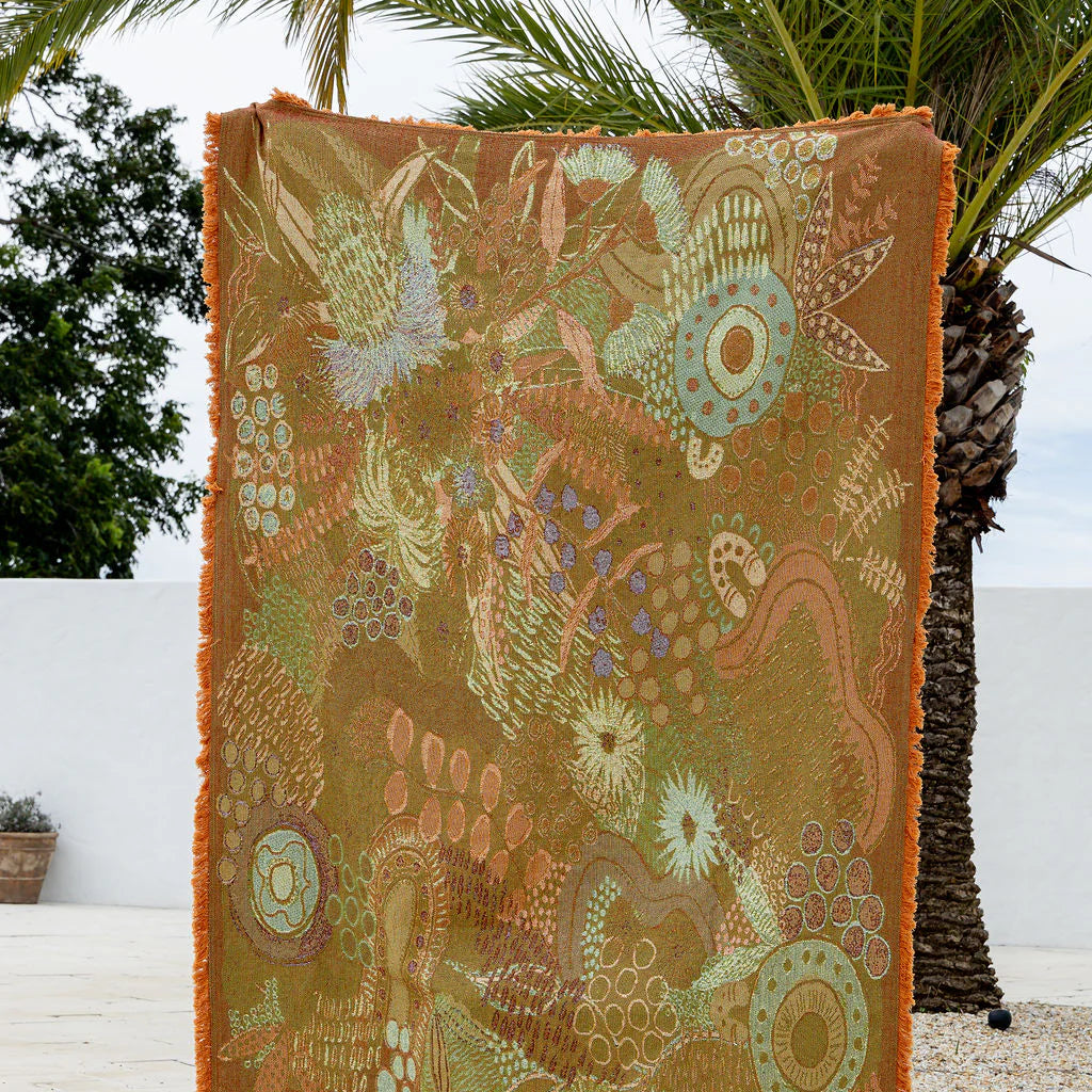 Decorative blanket with intricate patterns on a white surface with palm trees in the background