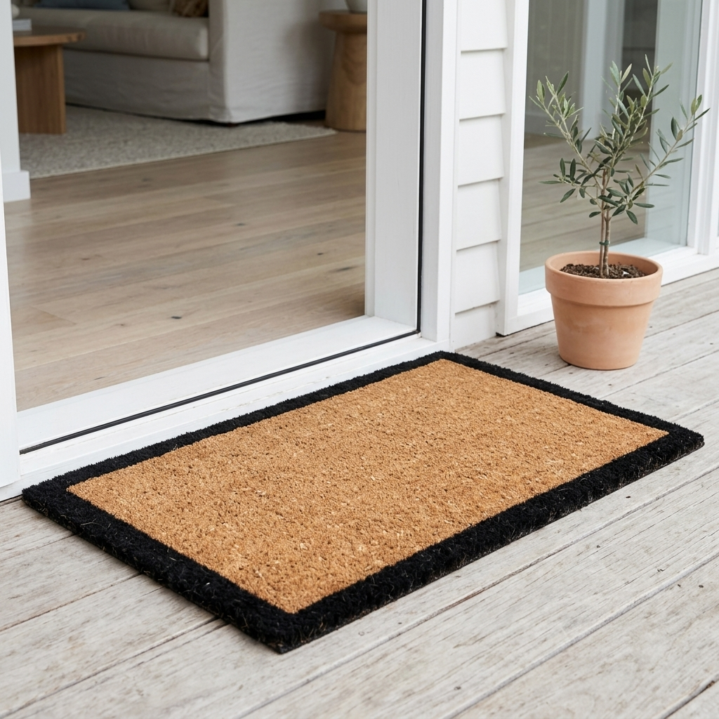 A rectangular coir doormat with a black border, placed on a light wood deck in front of glass sliding doors, with a potted plant nearby.