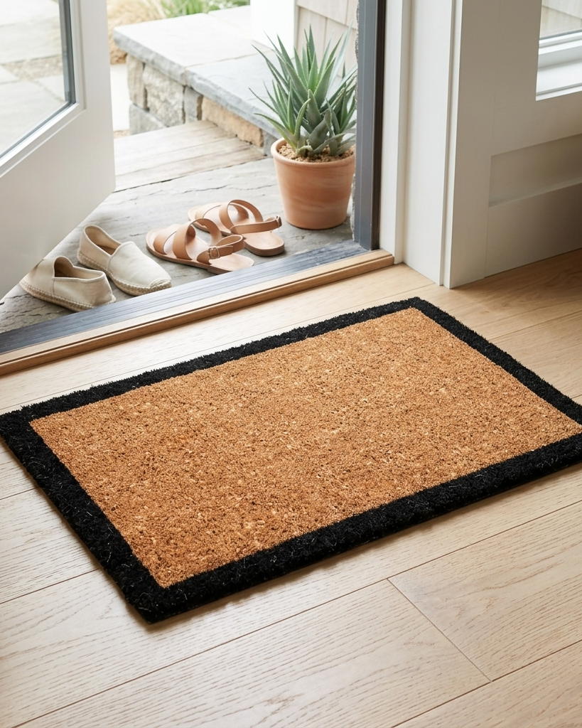A rectangular coir doormat with a black border, placed on a light wood floor in front of an open glass door. A potted plant, sandals, and slip-on shoes are visible at the doorway, with woven baskets and folded towels nearby.