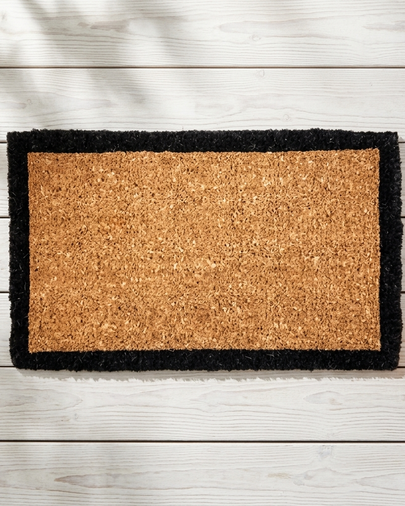 A rectangular coir doormat with a black shag border, laid flat on a white wood plank floor with soft leaf shadows and a small potted succulent visible in the corner.