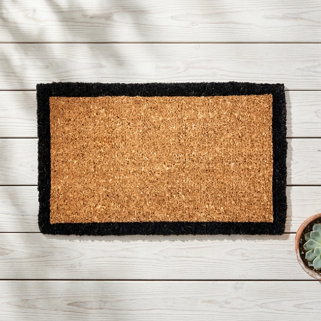 A rectangular coir doormat with a black shag border, laid flat on a white wood plank floor with soft leaf shadows and a small potted succulent visible in the corner.
