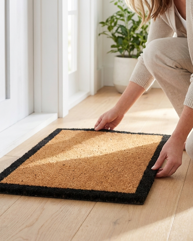 A person kneels on a light wood floor next to a white door, adjusting a rectangular coir doormat with a black border.