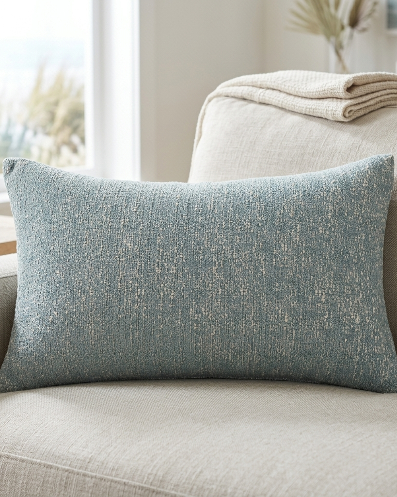 A rectangular throw pillow in a textured slate blue fabric with subtle white flecks, resting on a light beige linen sofa in a bright, modern living room.