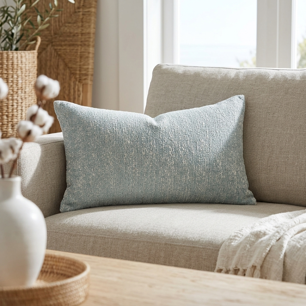 A textured light blue throw pillow resting on a beige upholstered sofa in a bright, modern living room setting.