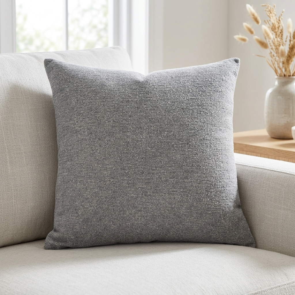 A square gray textured throw pillow resting on a light beige sofa in a bright, modern living room setting.