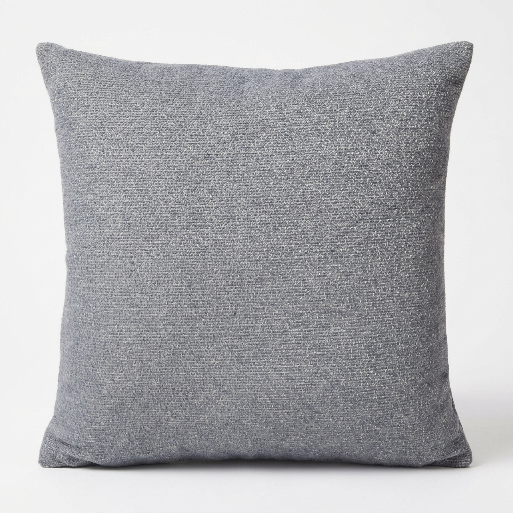 A square throw pillow in a textured gray woven fabric, shown against a plain white background.