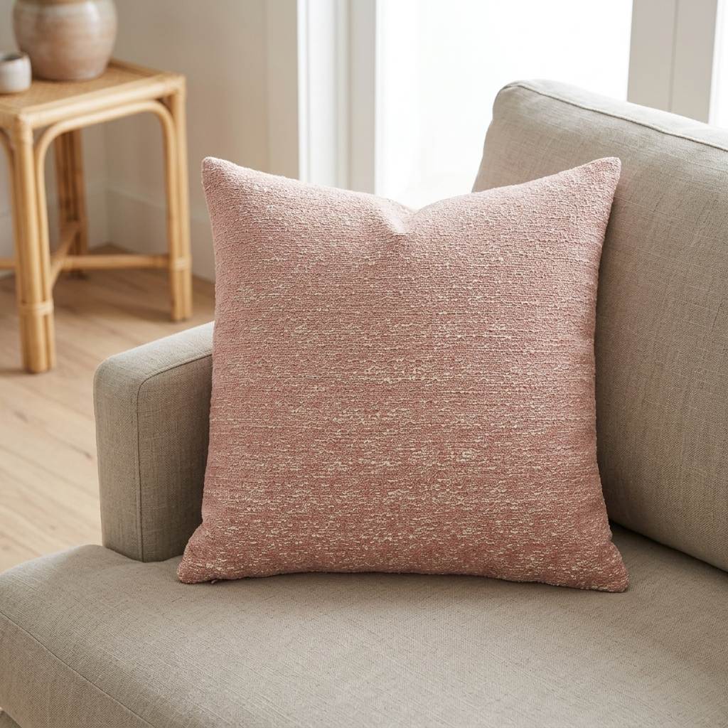 A square throw pillow in a textured dusty rose pink fabric, resting on a light beige fabric sofa in a bright, modern living room setting.