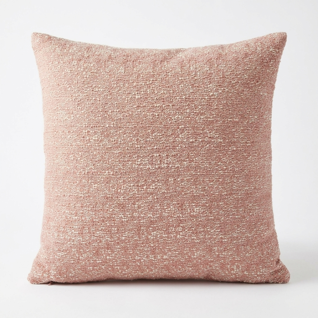 A square throw pillow in a textured, shimmering dusty rose pink fabric, photographed against a clean white background.