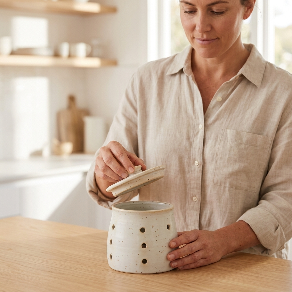 A woman in a beige linen shirt stands at a wooden table in a bright kitchen, holding the lid of a speckled cream ceramic container with dark brown polka dots.