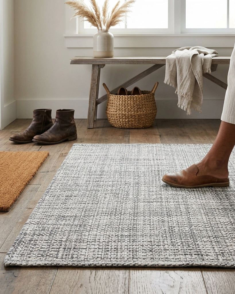 Person walking on a textured rug in a room with a wooden bench and wicker basket.