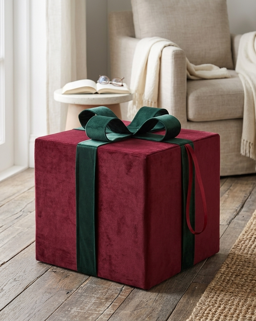 A square ottoman styled like a wrapped gift box in deep burgundy velvet with a dark green ribbon and bow, placed on a rustic wood floor in a cozy living room setting.