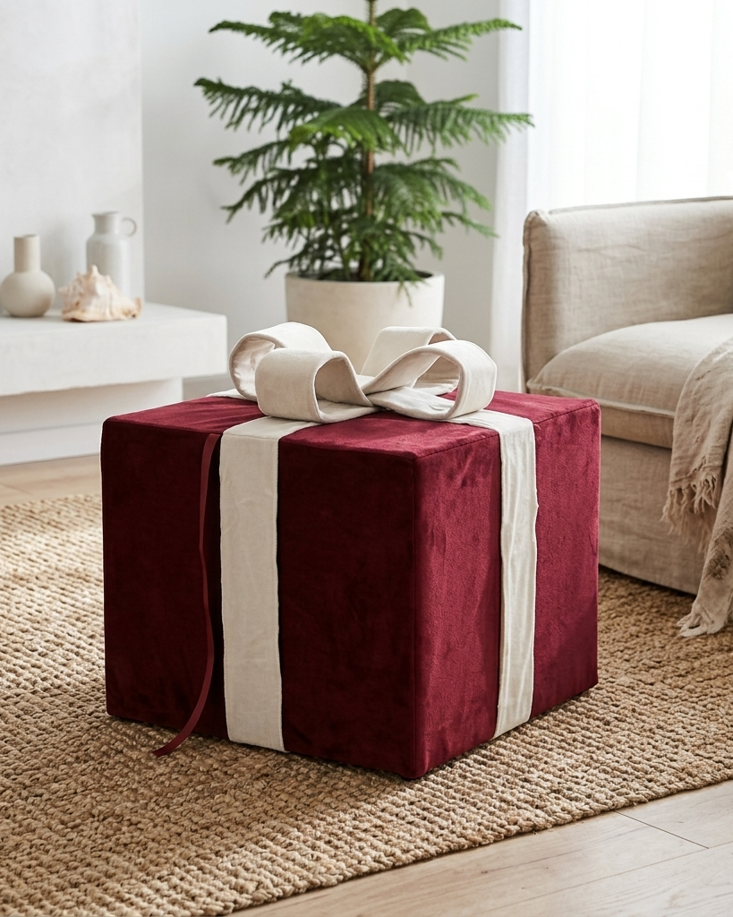 A cube-shaped ottoman upholstered in deep burgundy velvet with a cream fabric ribbon and bow, styled on a woven jute rug in a bright, modern living room.