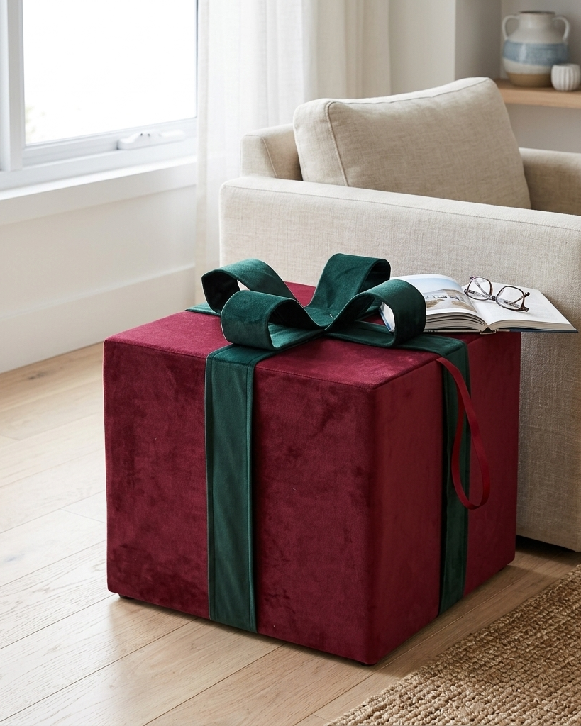 A cube-shaped ottoman or storage box upholstered in deep burgundy velvet, wrapped like a gift with a dark green ribbon and bow, placed beside a beige armchair in a bright living room.