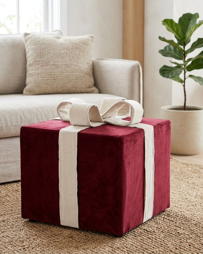 A cube-shaped ottoman or storage box upholstered in deep burgundy velvet with a cream fabric ribbon and bow, styled on a woven rug in a bright living room next to a sofa and potted plant.