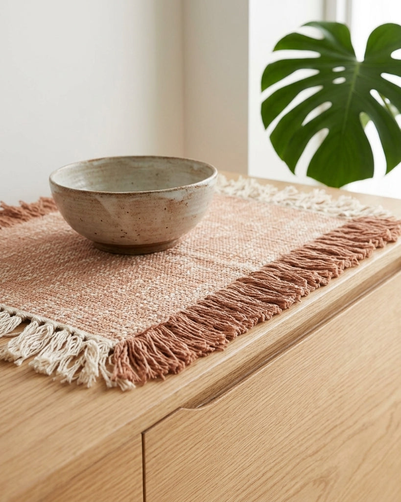 Ceramic bowl on a woven placemat with fringe on a wooden surface, with a plant in the background.