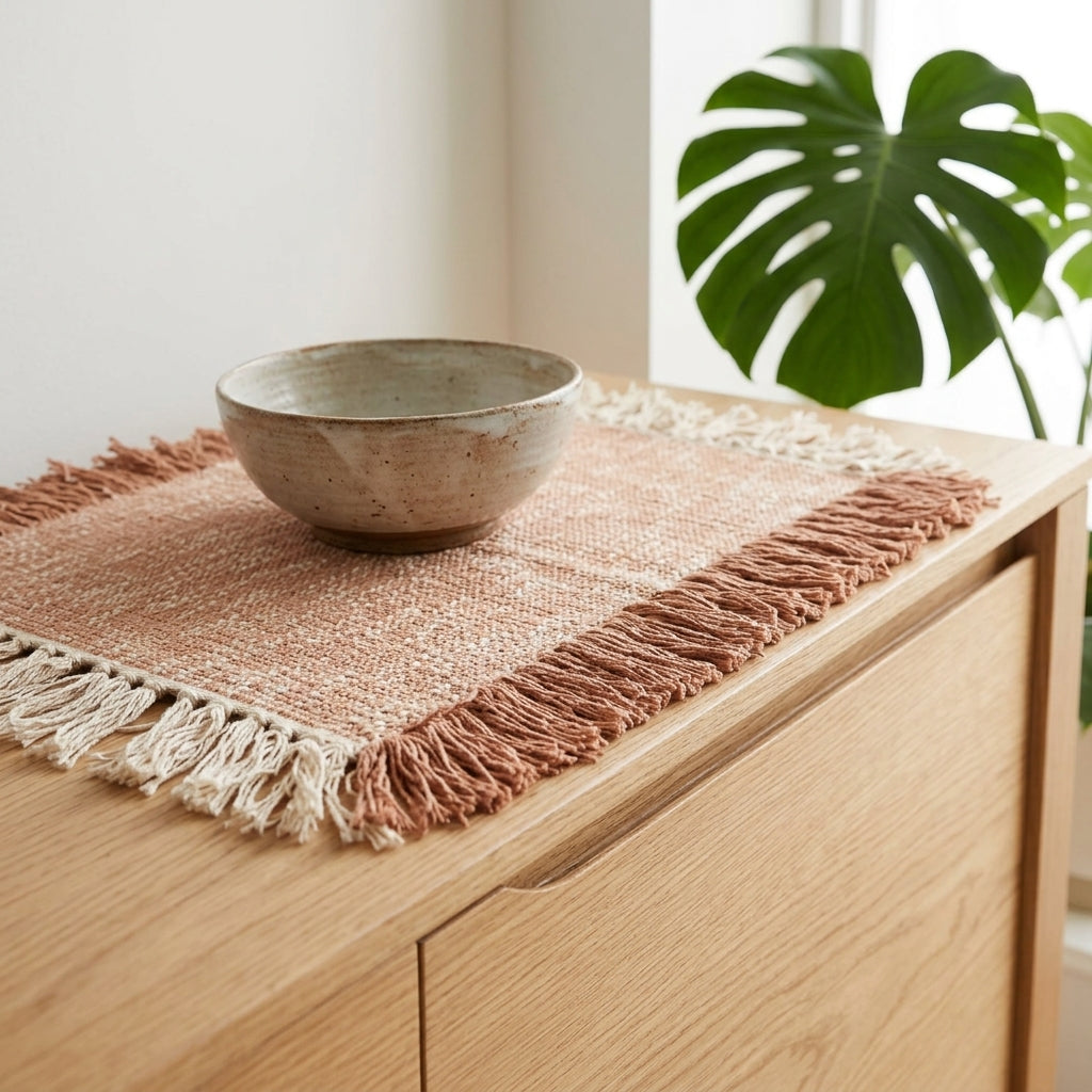 Ceramic bowl on a woven placemat with fringe on a wooden surface, with a plant in the background.