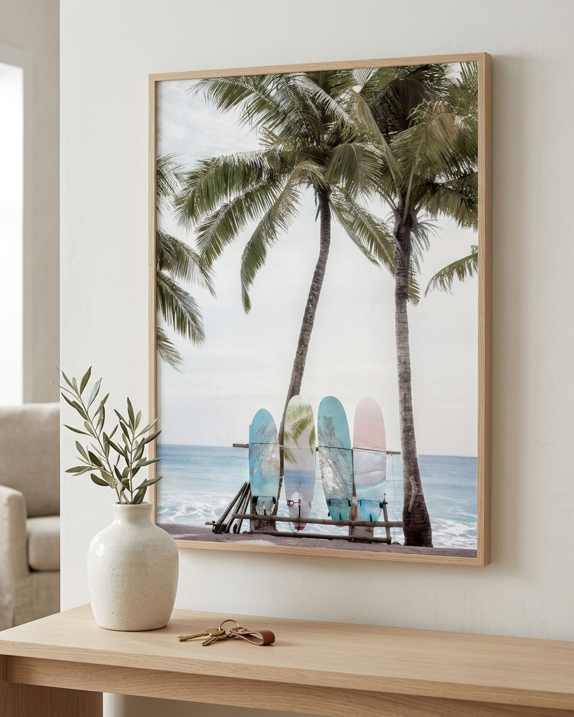 A framed vertical beach art print featuring palm trees and three colorful surfboards on a wooden console table in a bright, modern living room.