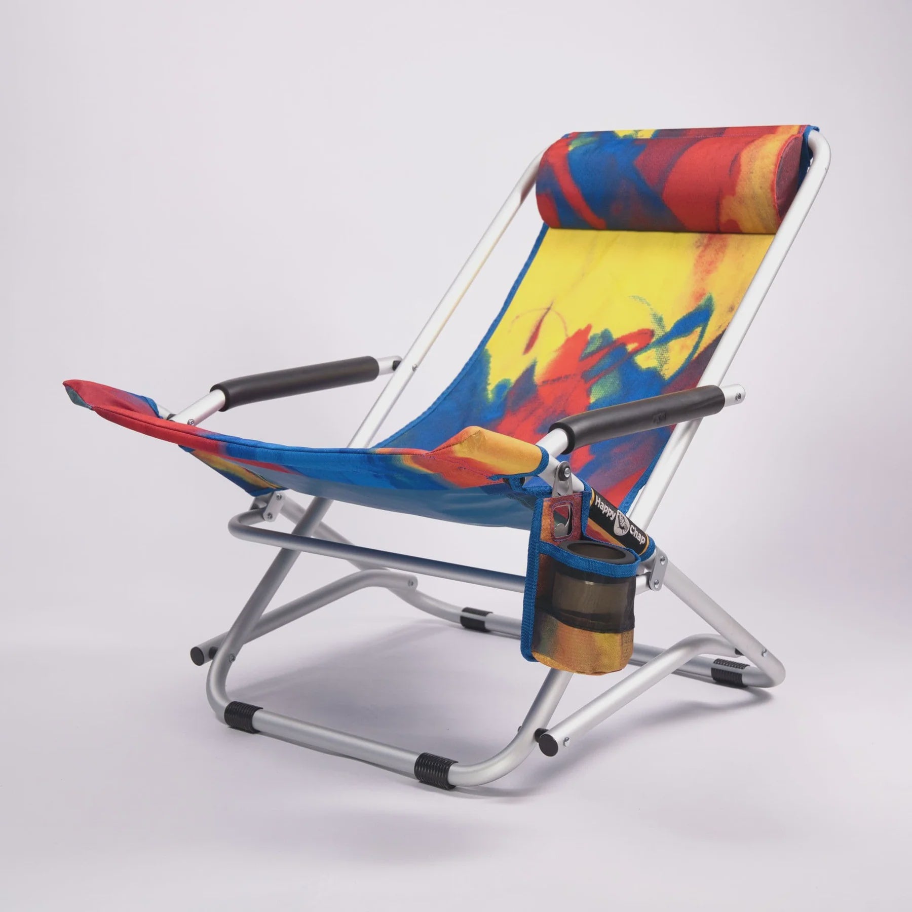 Colorful folding chair with a cup holder on a white background