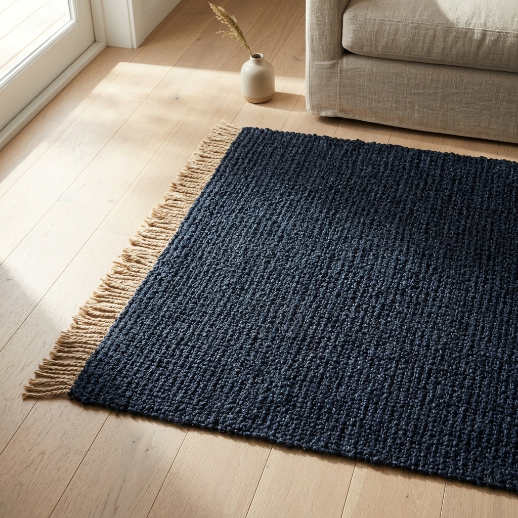 Navy blue rug with fringes on a wooden floor in a living room setting.