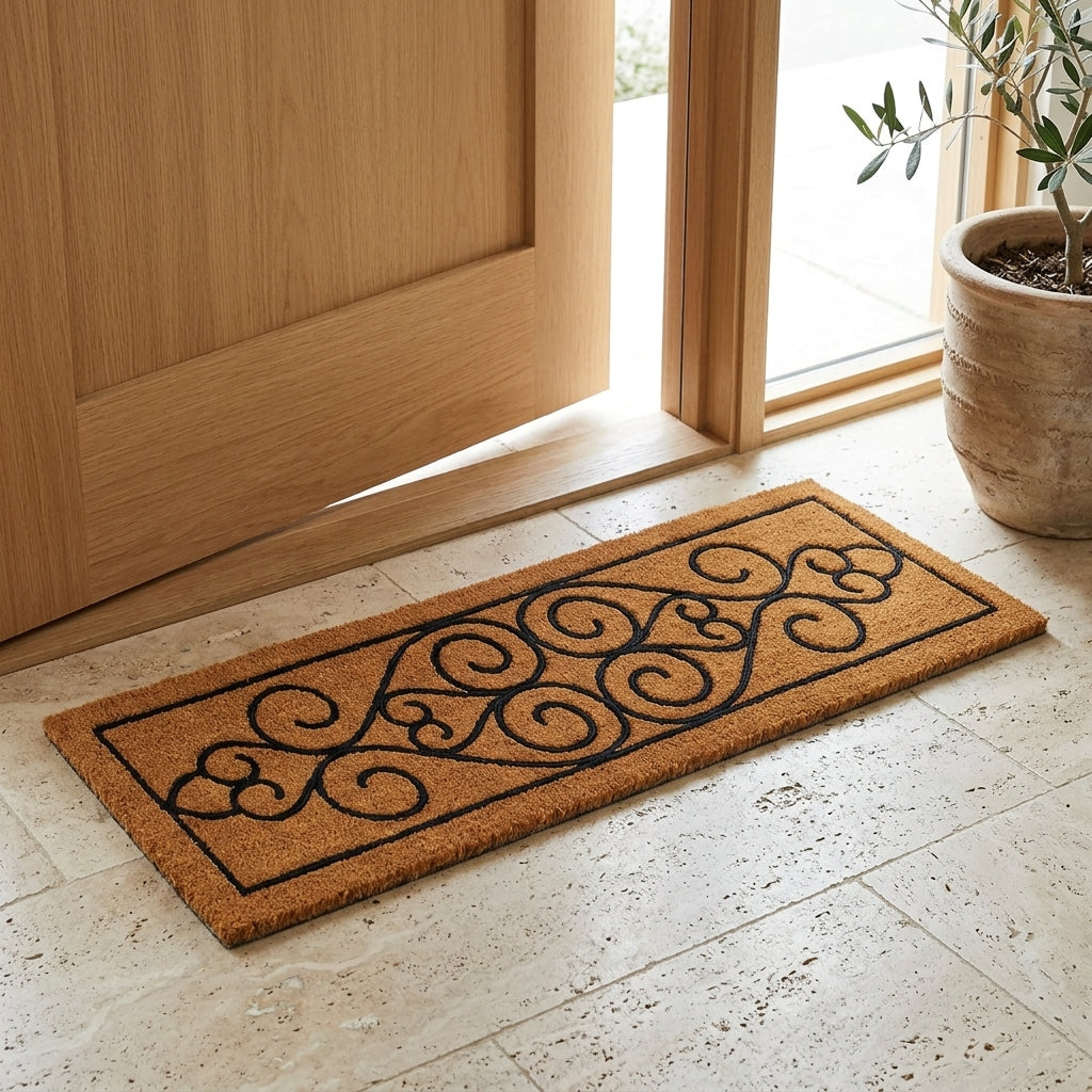 Decorative doormat with intricate design on a tiled floor in front of a wooden door.