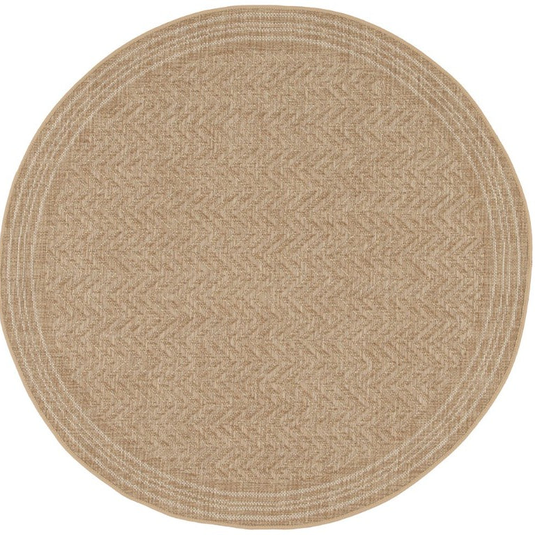 A round area rug with a textured herringbone pattern in shades of beige and light brown, shown from a top-down view on a white background.