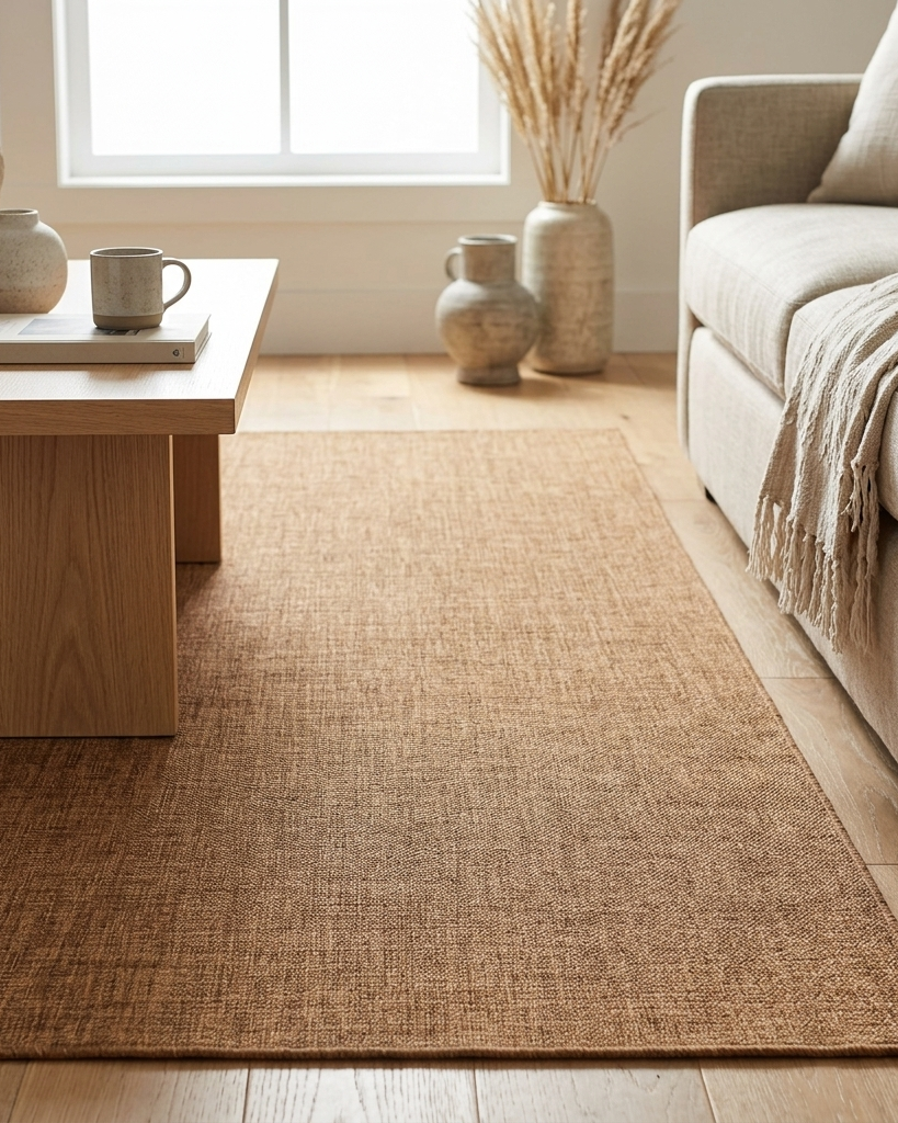 A natural jute area rug in a warm tan-brown color, styled in a bright, modern living room next to a light beige sofa and a wooden coffee table.