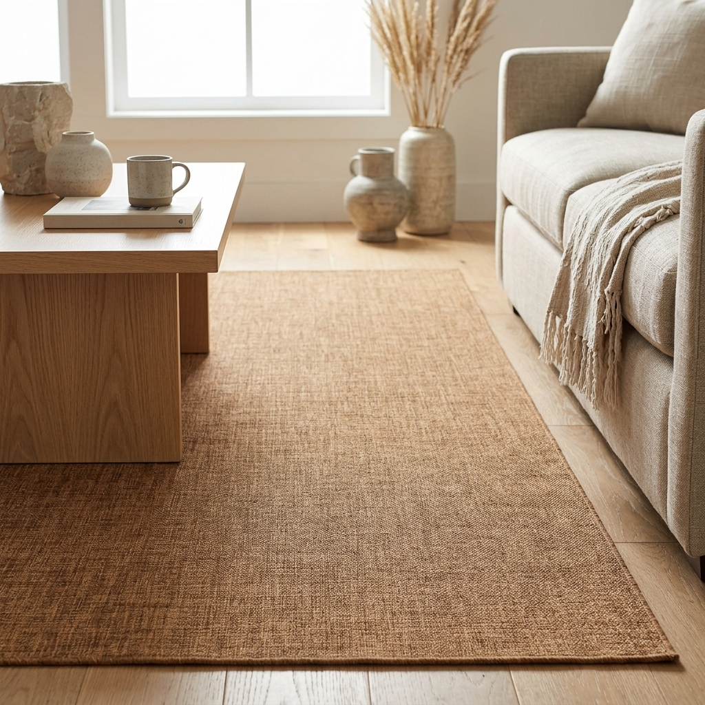 A natural jute area rug in a warm tan-brown color, styled in a bright, modern living room next to a light beige sofa and a wooden coffee table.