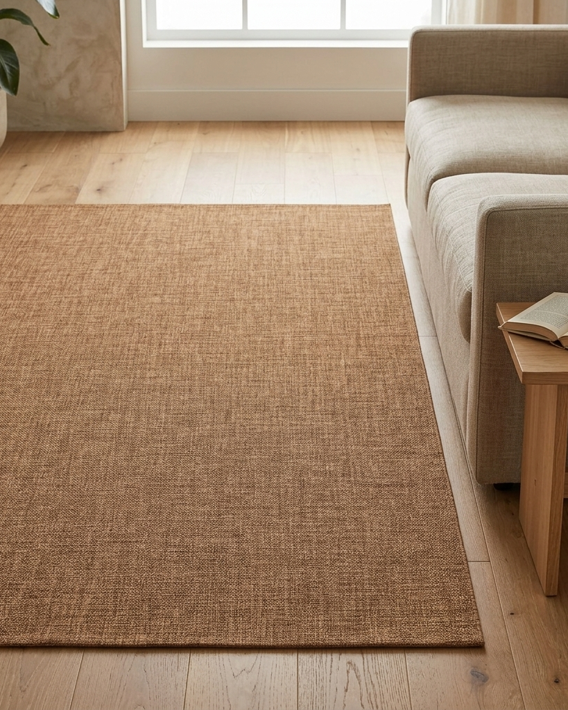 A rectangular natural jute area rug in a warm tan-brown color, shown in a bright, modern living room setting next to a light beige sofa and a small wooden side table.