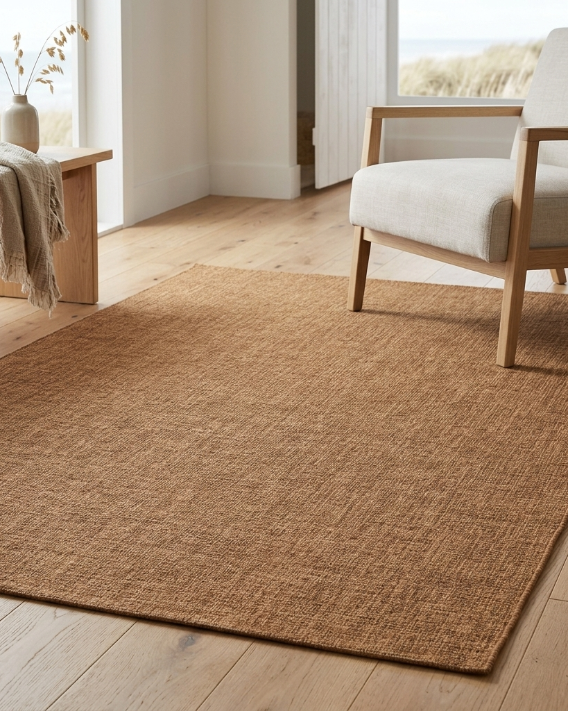 A rectangular natural jute area rug in a warm tan-brown color, styled in a bright, modern room with light wood floors, a beige armchair, and a wooden side table.