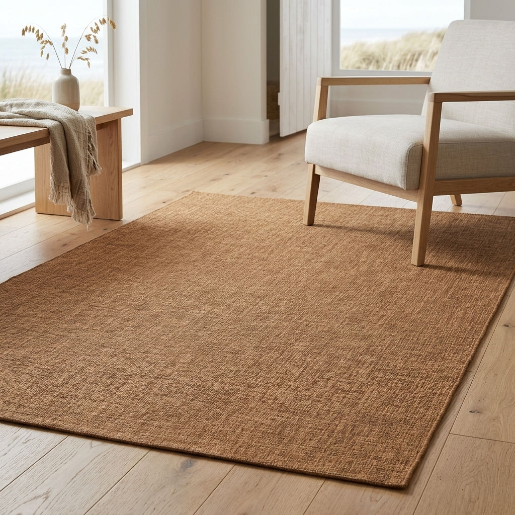 A rectangular natural jute area rug in a warm tan-brown color, styled in a bright, modern room with light wood floors, a beige armchair, and a wooden side table.