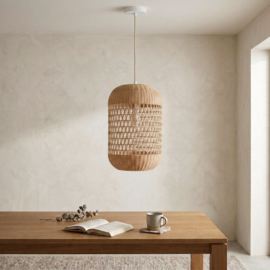 A natural woven rattan pendant light hangs over a wooden table in a minimalist, warm-toned room with a textured beige wall.