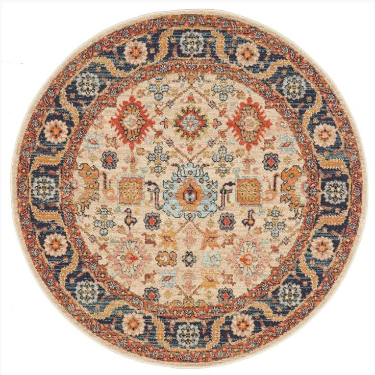 Round decorative rug with intricate patterns on a white background