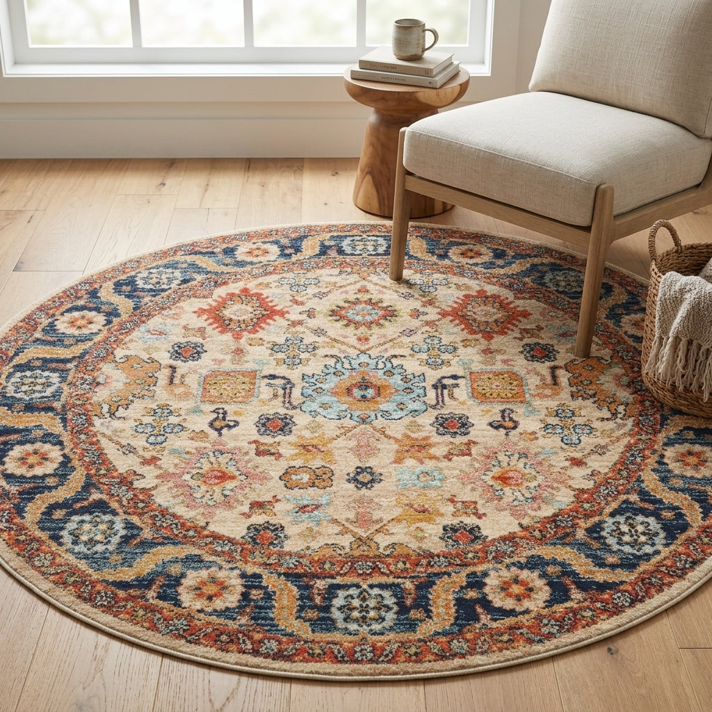 A round area rug with an intricate traditional pattern in beige, blue, red, and orange tones, styled in a bright room next to a light-colored armchair and a wooden side table.
