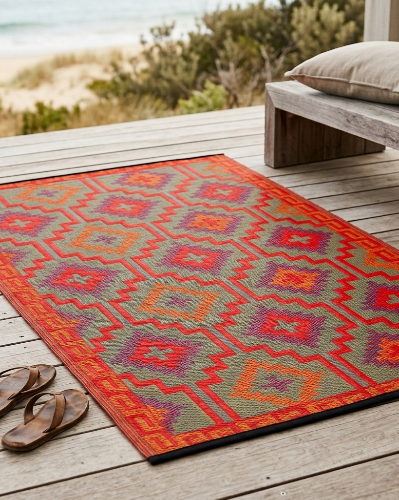 A rectangular outdoor area rug with a colorful geometric pattern in red, orange, purple, and green, laid out on a wooden deck next to a bench and sandals, with a beach background visible.